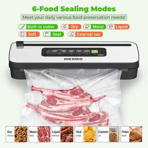 Miniatura 3 de Máquina selladora al vacío, INKBIRD potente de 130W de alta potencia con modos de 6 alimentos líquidos/húmedos/secos, sistema compacto de Negro