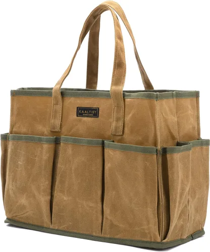 Bolsa de herramientas de lona encerada de 16 onzas | Bolsa de almacenamiento de herramientas de gran capacidad con 10 bolsillos externos | Caqui