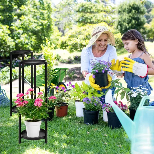 Miniatura 5 de Soporte para plantas de 2 niveles para interiores, soporte alto escalonado de esquina negra para múltiples plantas al aire libre, soportes de metal