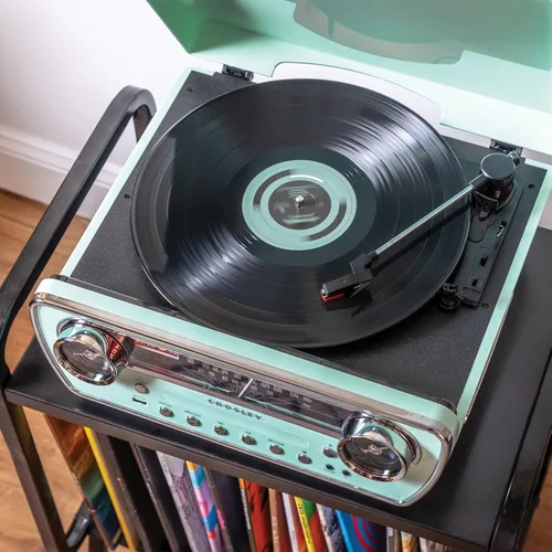 Miniatura 6 de Crosley CR6047A-AB Powel 7-en-1 Tocadiscos Bluetooth con entrada/salida de vinilo, radio AM/FM, reproductor de CD y entrada auxiliar, Azul Aqua