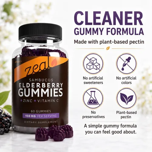 Miniatura 4 de Zeal Naturals Sambucus Gomitas de saúco + zinc + vitamina C - Suplemento diario para niños y adultos - Gomitas de vitamina fáciles de masticar - 100