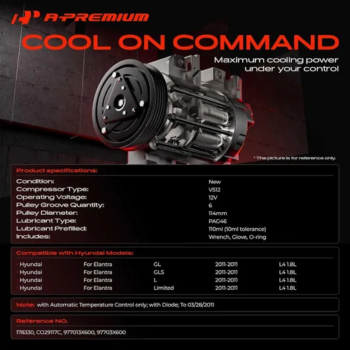 Miniatura 2 de A-Premium Compresor A/C con Embrague Compatible con Hyundai Elantra 1.8L 2011, con Control Automático de Temperatura