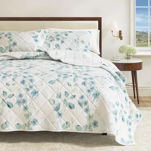 Miniatura 14 de Great Bay Home - Juego de colcha floral tamaño Full/Queen con fundas, juego de ropa de cama azul floral, para todas las estaciones, colcha ligera 06