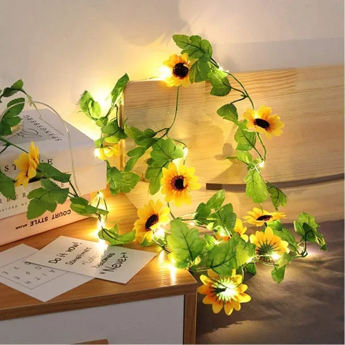 Fielegen Guirnalda de 20 luces LED artificiales de girasol, guirnalda de girasol de 7.2 pies con luces, funciona con pilas, guirnalda de luces de