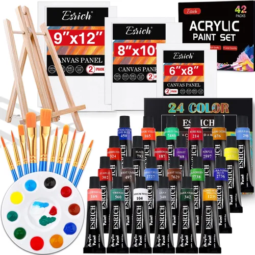 ESRICH Juego de lienzo de pintura acrílica, kit de pintura profesional de 42 piezas con 1 caballete de madera, 24 colores, 10 pinceles, 6 lienzos,