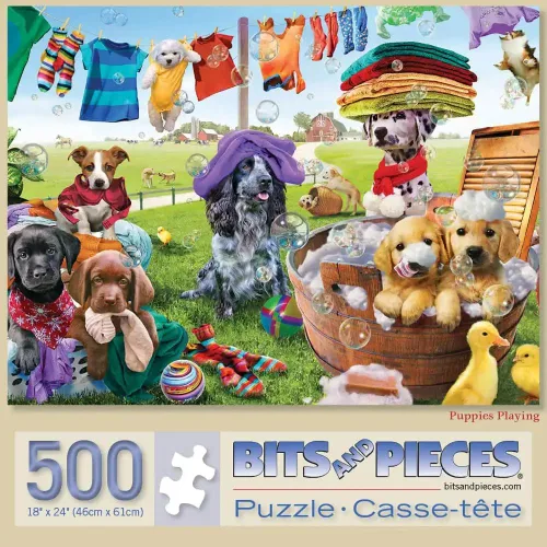 Miniatura 2 de Bits and Pieces Rompecabezas de piezas grandes para adultos – "Puppies Playing" por el artista Adrian Chesterman (rompecabezas de 500 piezas)