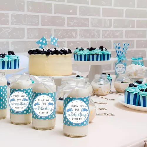 Miniatura 4 de Calcomanías de recuerdo de baby shower, 240 unidades para niño, tema de pies azules de 2 pulgadas, huella, agradecimiento por celebrar con nosotros
