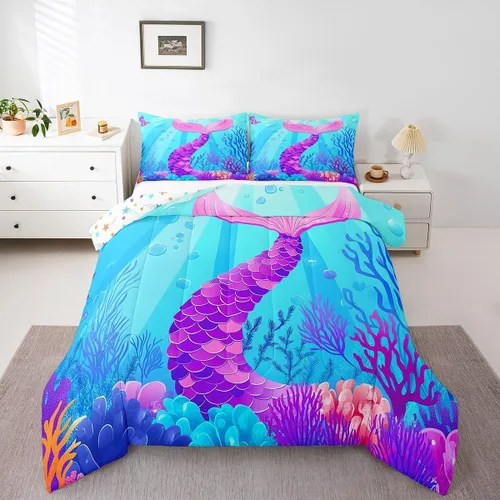 Miniatura 3 de Erosebridal Juego de edredón de sirena para niñas, edredón acolchado con escamas de pez azul verdoso, edredón de plumón del mundo submarino
