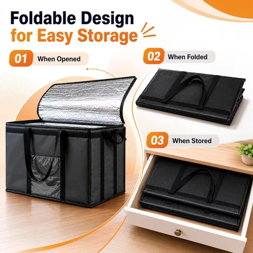Miniatura 4 de NZ home Bolsa térmica XXL aislada y calentador de alimentos para entrega y compras de comestibles con parte superior con cremallera, color negro