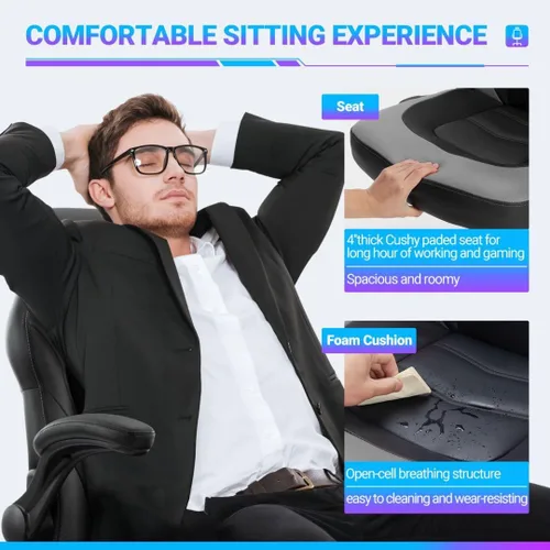 Miniatura 6 de Silla ergonómica resistente para videojuegos, para oficina en casa, con soporte lumbar, respaldo ajustable, reposabrazos abatible y ruedas