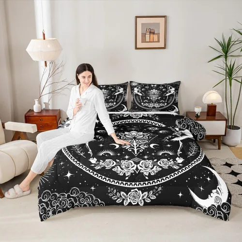 Miniatura 18 de Juego de edredón de champiñones para niños, tamaño individual, juego de ropa de cama romántica con sol, luna, cielo estrellado y galaxia, decoración
