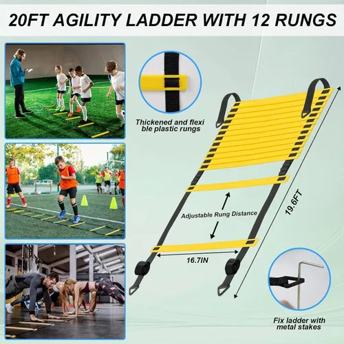 Miniatura 3 de Juego de equipos de entrenamiento de agilidad de velocidad, escalera de agilidad de 20 pies, 12 conos de fútbol, paracaídas de Set1 con paracaídas