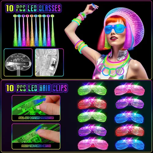 Miniatura 5 de OLUPP Suministros de fiesta que brillan en la oscuridad, 264 piezas de regalos de fiesta iluminados con gafas LED, varillas brillantes, luces