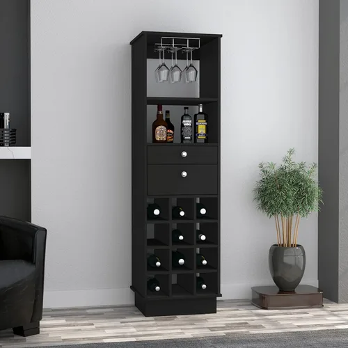 FM FURNITURE Hype - Armario de bar con 12 cubos de vino, 2 cajones, estante de vidrio y estante, color negro
