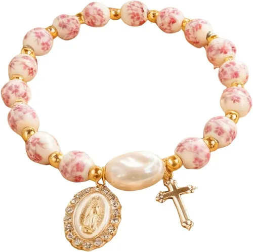 Miniatura 6 de Pulsera elástica de Virgen María con dije de cruz – Cristal de perlas multicolor con cuentas de joyería religiosa católica para mujer, regalo