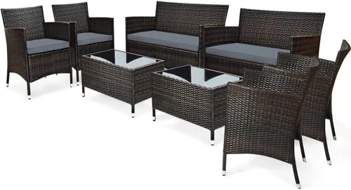 Miniatura 21 de Juego de sofá de patio de 4 piezas, juego de conversación de mimbre con respaldo ergonómico curvo, juego de muebles de ratán para patio con cojín