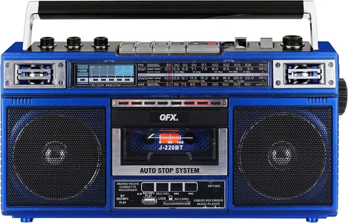 Miniatura 15 de QFX J-220BT Boombox MP3 Conversión de radio a casete con radio de 4 bandas (AM, FM, SW1, SW2) con Bluetooth, batería recargable, altavoces duales