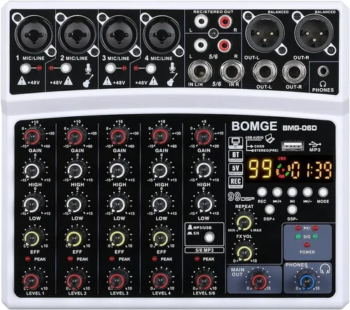BOMGE Mezclador de sonido de audio de 6 canales – Consola de mezcla de DJ digital profesional para transmisión en vivo, karaoke y grabación estéreo,