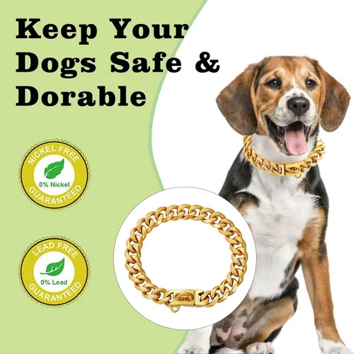 Miniatura 6 de Collares para perros de acero inoxidable plateado dorado con cierre de seguridad, collar de cadena tipo cubano de 18K para entrenamiento, collar Oro