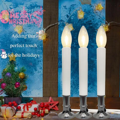 Miniatura 6 de Paquete de 4 velas eléctricas de ventana de Navidad con sensor del atardecer al amanecer, velas de ventana con base chapada en níquel con bombilla