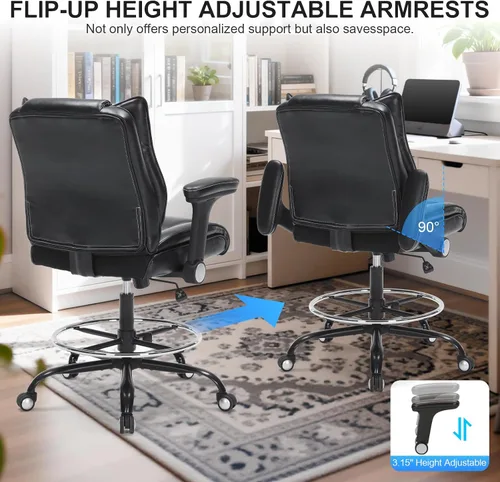 Miniatura 6 de Silla de dibujo de oficina, silla de escritorio alta con reposabrazos ajustables y reposapiés, silla de escritorio de piel sintética con cojín