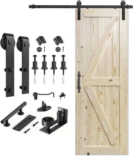 Miniatura 10 de SMARTSTANDARD Puerta corredera de granero de 28 x 84 pulgadas con kit de herrajes para puerta de granero de 5 pies incluido, puerta de madera