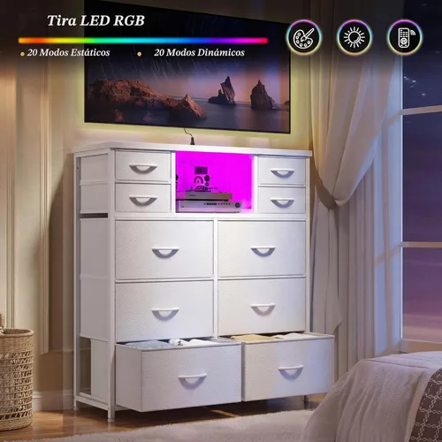 Miniatura 7 de Cómoda blanca para dormitorio con estación de carga y luces LED, 10 cajones de tela con estantes abiertos, cómoda resistente organizador de Blanco