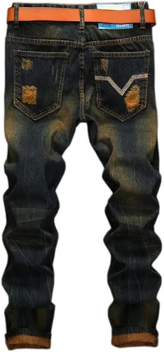 Miniatura 2 de utcoco Pantalones de mezclilla clásicos para hombre, corte delgado, cintura media, pierna recta, agujeros rasgados, rasgados, jeans