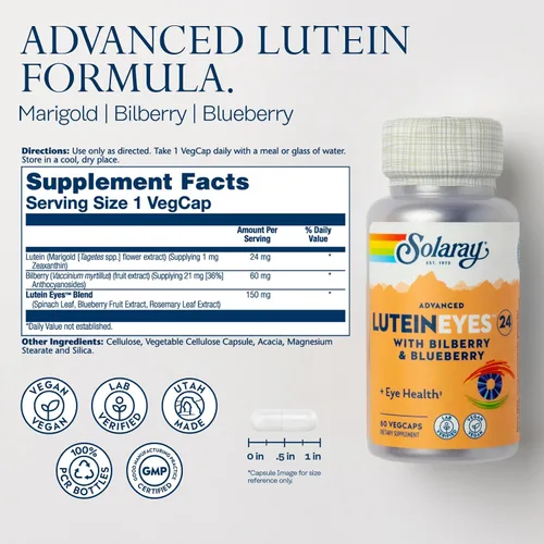 Miniatura 2 de SOLARAY Advanced Lutein Eyes 24 mg - Suplementos de luteína y zeaxantina - Apoyo a la salud ocular con extracto de arándano y arándano - Vegano