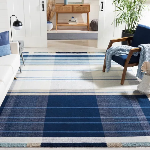 Miniatura 10 de SAFAVIEH Striped Kilim Collection STK707M - Alfombra de lana de tejido plano de 2 pies 3 pulgadas x 8 pies, color azul/beige