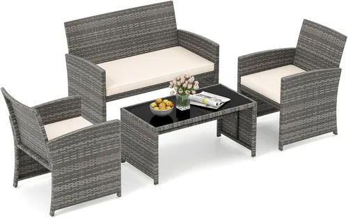 Miniatura 13 de HAPPYGRILL Juego de 4 muebles de mimbre para exteriores con mesa de centro de vidrio templado, cojines suaves, juego de sillas de ratán resistentes