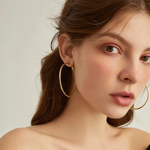 Miniatura 3 de Delicados aretes de aro grandes de plata de oro amarillo de 14 quilates de 2.756in para mujeres y niñas, con orejas sensibles, circulares redondos