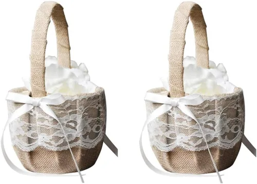 Cesta de flores para boda, 2 unidades, de lino, para niña, vintage, para decoración de boda de estilo rústico, 2 uds
