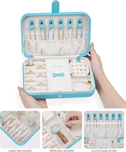 Miniatura 2 de V-LAFUY Joyero de viaje pequeño con espejo, caja de joyería portátil de viaje para mujeres y niñas, estuche de joyería para viajes, azul N