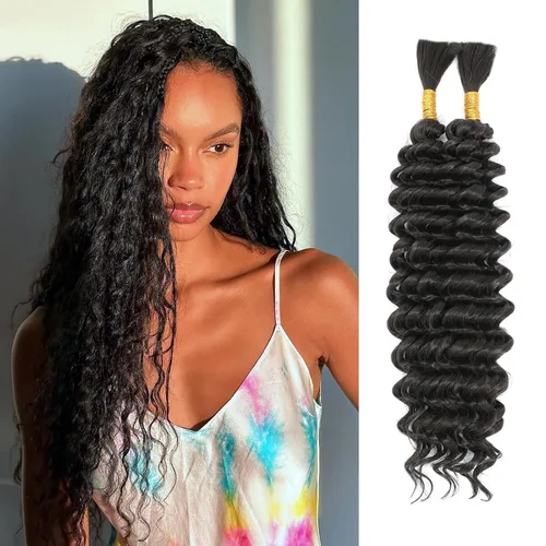 Miniatura 27 de Mezcla de cabello humano trenzado sintético bohemio para trenzar, 16 pulgadas de onda profunda a granel para trenzas bohemias, 2 piezas de cabello 1b