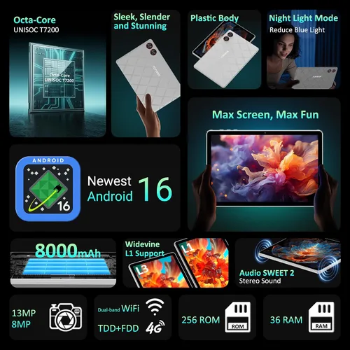 Miniatura 2 de TOPWAH Tablet Android 16 de 11 pulgadas con teclado, 36 GB de RAM + 256 GB de ROM (expansión de 1 TB), tabletas de pantalla ISP 2K, 8000 mAh, T606