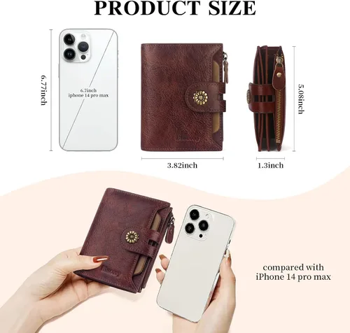 Miniatura 4 de Cartera de cuero con doble pliegue para mujer, bloqueo RFID, tarjetero compacto, cartera pequeña con ventana para identificación extraíble, Retro