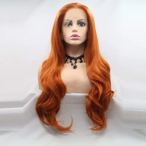 ELESTY - Pelucas de encaje frontal sintéticas color naranja, de largo ondulado, con partición libre, sin pegamento, tejidas a media mano, para