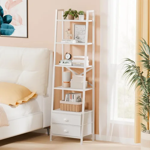 Miniatura 7 de Furologee Estantería de escalera de 5 niveles con 2 cajones, estantes de almacenamiento estrechos para libros, estantería industrial independiente