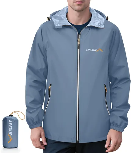 Miniatura 10 de APEXUP Chaqueta de lluvia empacable para hombre con cremallera reflectante, impermeable ligero, chaqueta de lluvia para hombre para deportes al aire