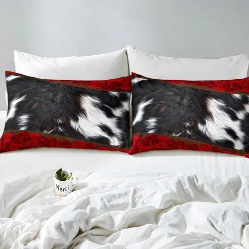 Miniatura 4 de Manfei Sábana bajera ajustable de piel de vaca, tamaño individual, juego de ropa de cama de flores de rosa roja, 2 piezas para decoración