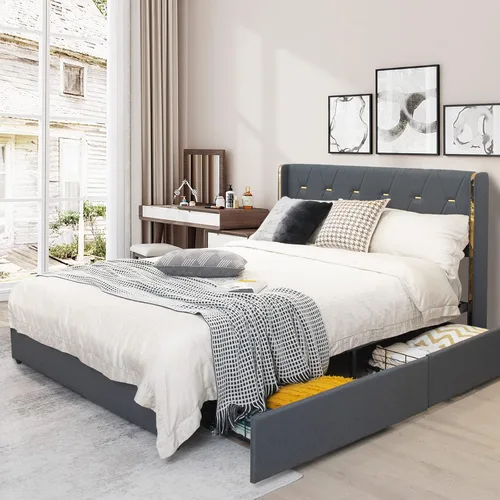 Miniatura 10 de KOTEK Base de cama tapizada de tamaño matrimonial con 4 cajones, base de cama de plataforma con cabecera copetuda con botones y soporte de listones