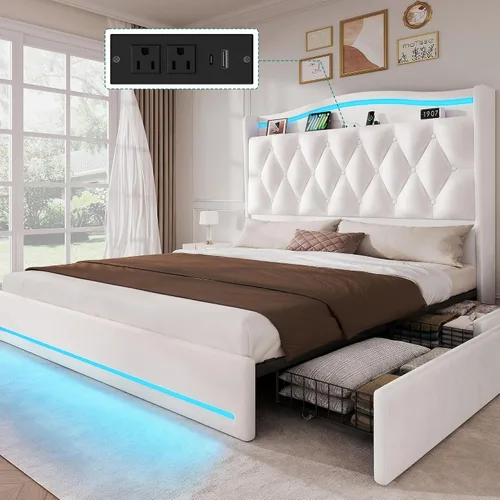Miniatura 14 de YITAHOME Base de cama tamaño King con 4 cajones de almacenamiento y luces LED RGB, cama tapizada de terciopelo de 57 pulgadas de alto con estación
