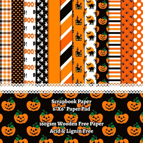 Miniatura 10 de Papel para álbum de recortes de Halloween, 24 hojas de 6 x 6 pulgadas, diseño de calabaza, araña, fantasma, murciélago, papel para hacer tarjetas