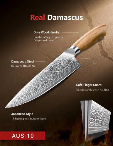 Miniatura 3 de Juego de cuchillos de cocina de Damasco Emojoy, 3 piezas de cuchillos de chef japoneses, cuchillo de 67 capas de Damasco con mango de madera
