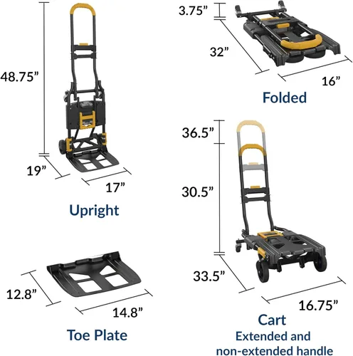 Miniatura 9 de COSCO 12225YGB1E Camión de mano plegable 2 en 1, capacidad de 300 libras, multiposición con mango extensible, negro/amarillo