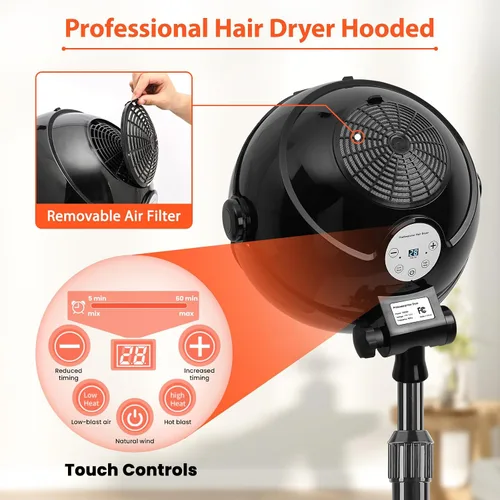 Miniatura 2 de Secador de pelo con capucha, secador de pelo de pie de 1500 W con ajustes de tiempo, controles táctiles, 3 modos de temperatura, secadora iónica
