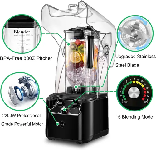 Miniatura 3 de Licuadora comercial para batidos con escudo silencioso, motor de 2.5 HP, hoja de acero inoxidable, jarra de 80 onzas para batidos, batidos