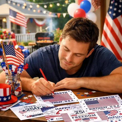 Miniatura 3 de Sherr 120 tarjetas de felicitación patrióticas del 4 de julio a granel para 250 aniversario con 120 sobres blancos y 24 calcomanías, tarjetas