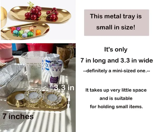 Miniatura 6 de Bandeja decorativa de acero inoxidable, juego de 2, 7 pulgadas de largo, organizador de cosméticos para joyas, bandeja de almacenamiento pequeña